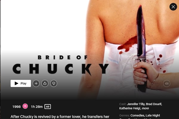 Watch Bride of Chucky  1998  on Netflix From Anywhere in the World - 98